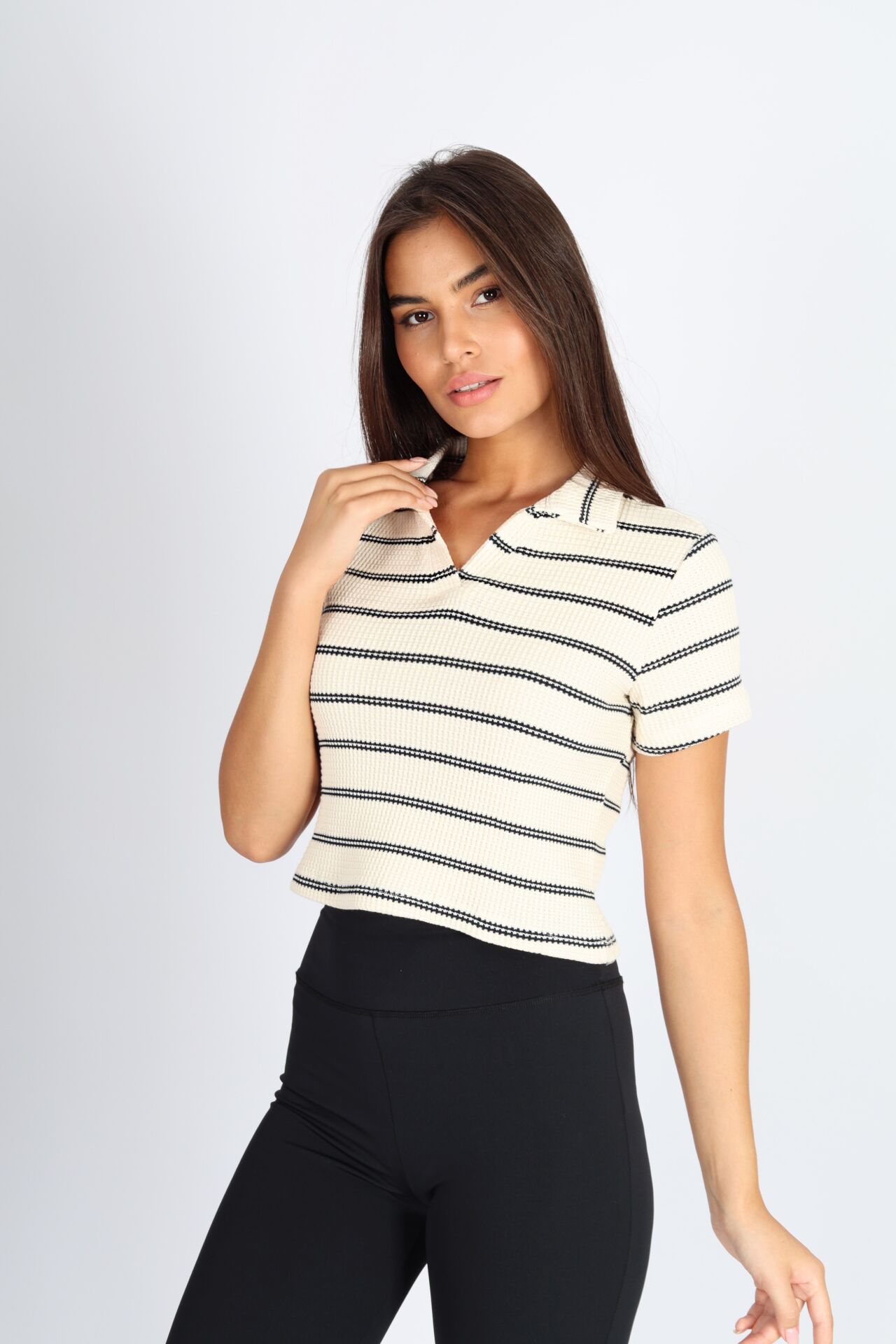 Polo Yaka Raporlu Ekru Jakar T-shirt