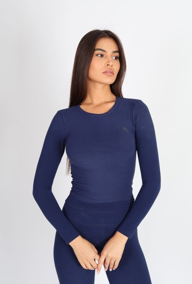 Uzun Kollu Bisiklet Yaka Lacivert Body