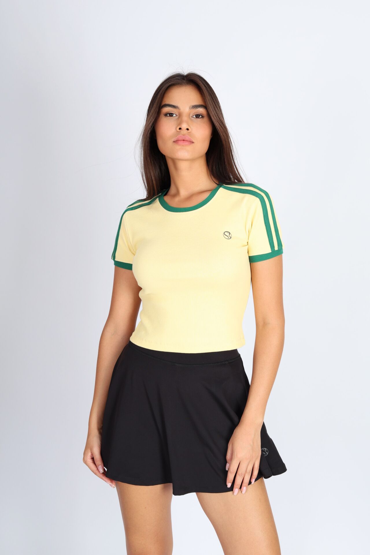 Bisiklet Yaka Omuz Biyeli Crop Sarı T-shirt