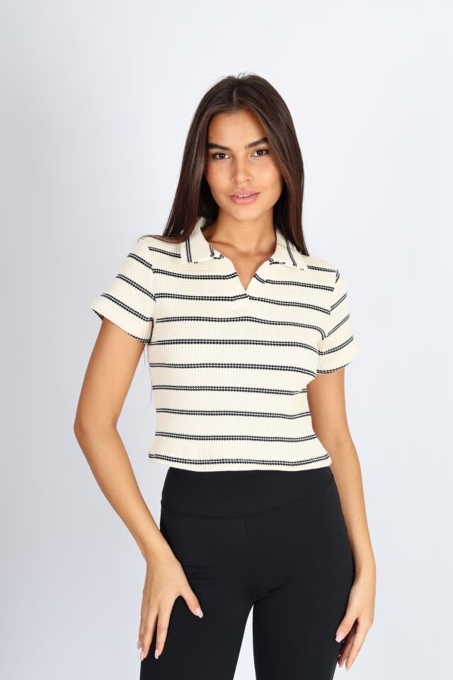 Polo Yaka Raporlu Ekru Jakar T-shirt