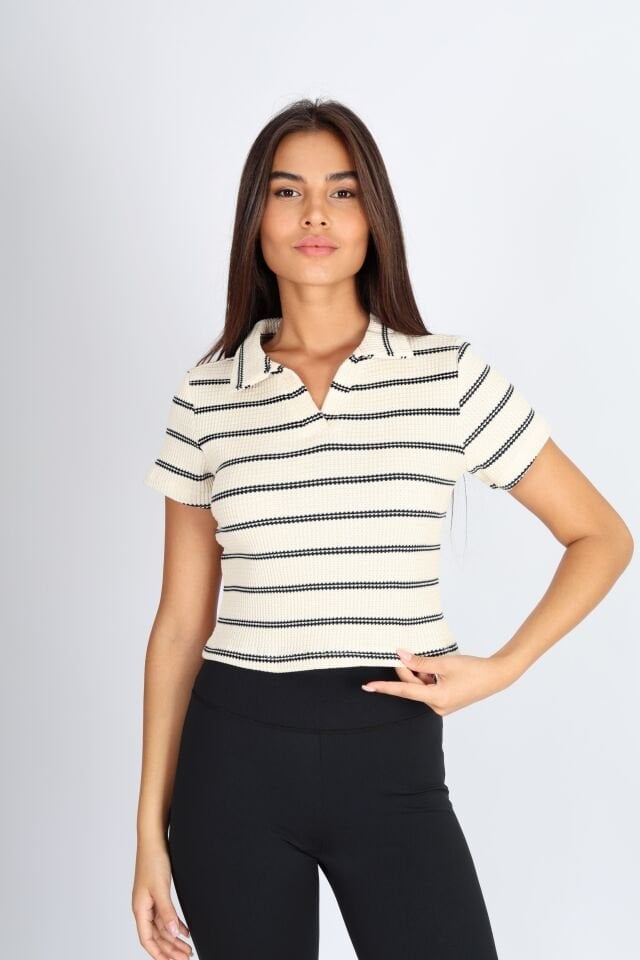 Polo Yaka Raporlu Ekru Jakar T-shirt