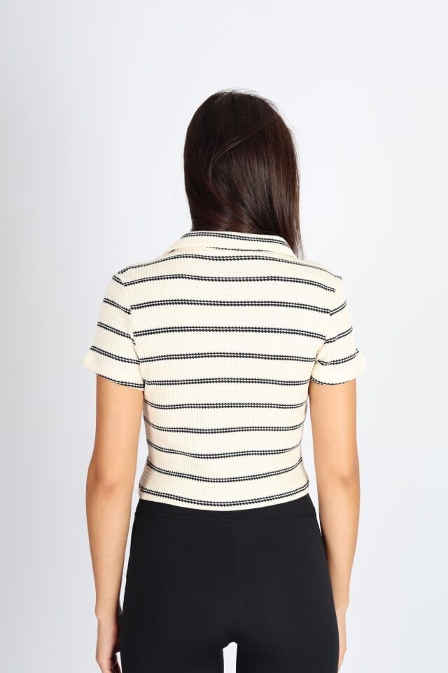 Polo Yaka Raporlu Ekru Jakar T-shirt
