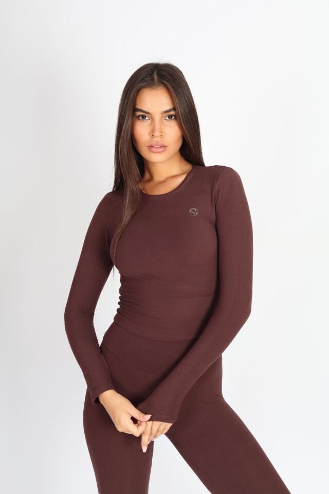 Uzun Kollu Bisiklet Yaka Kahverengi Body