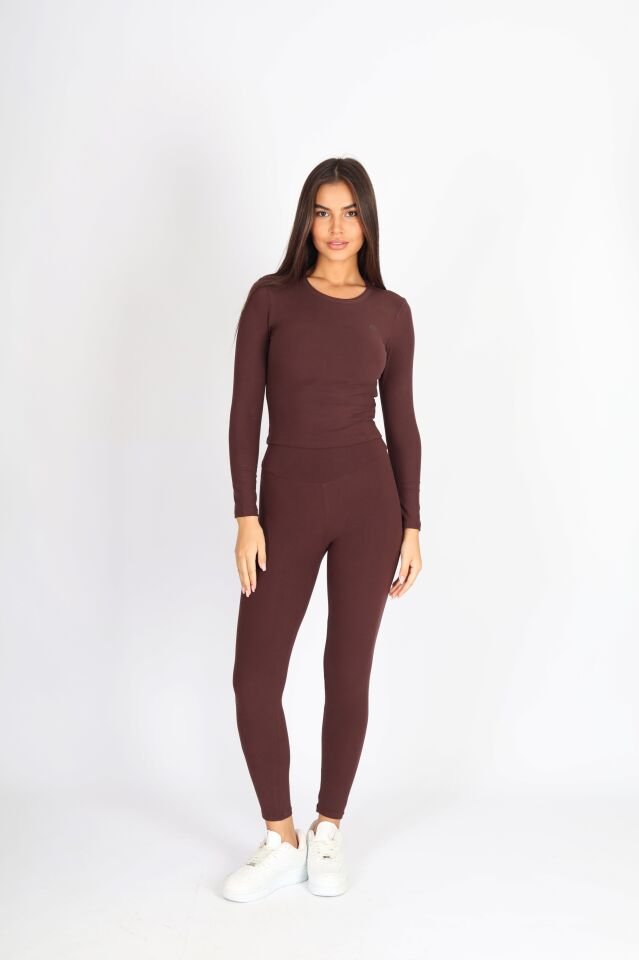 Uzun Kollu Bisiklet Yaka Kahverengi Body