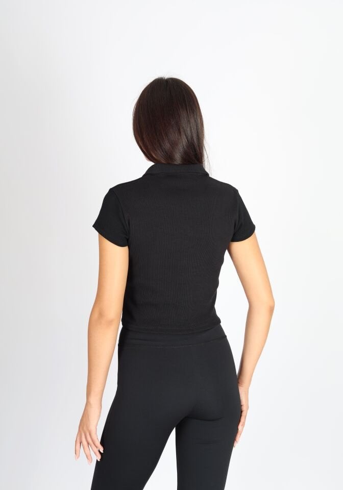 Polo Yaka Patlı Siyah Kaşkorse T-shirt