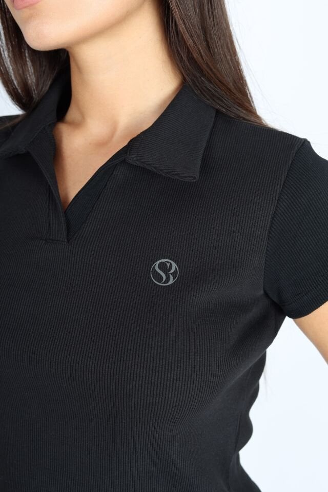 Polo Yaka Patlı Siyah Kaşkorse T-shirt