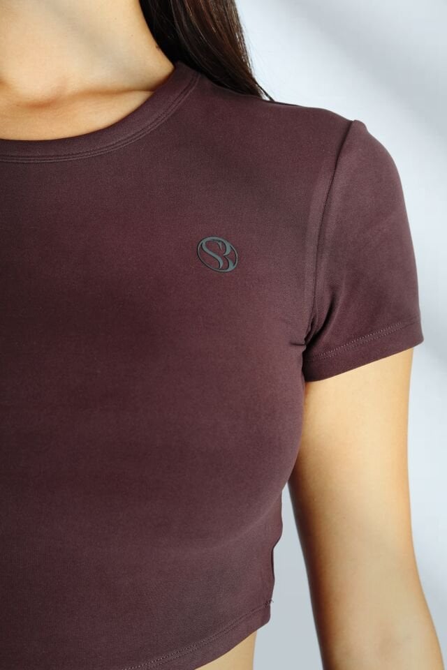 Crop Fit Kısa Kol Kahverengi T-shirt
