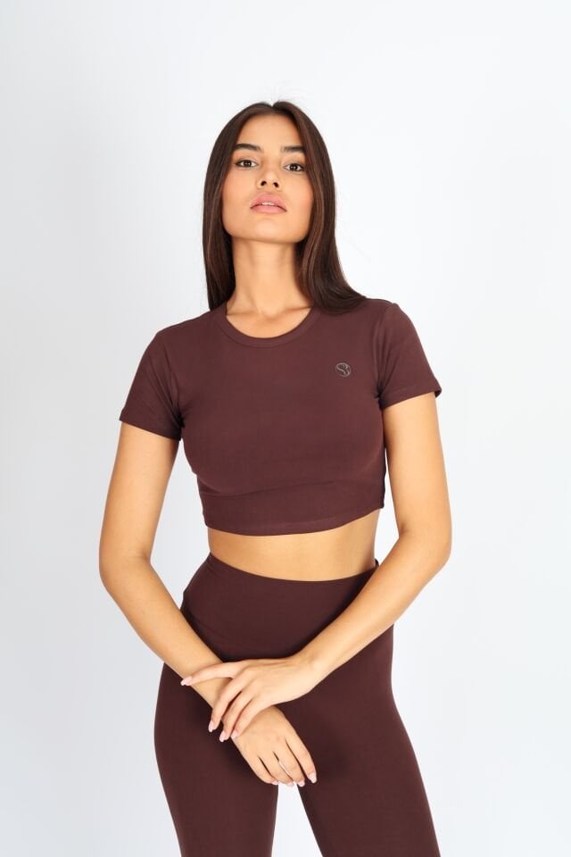 Crop Fit Kısa Kol Kahverengi T-shirt