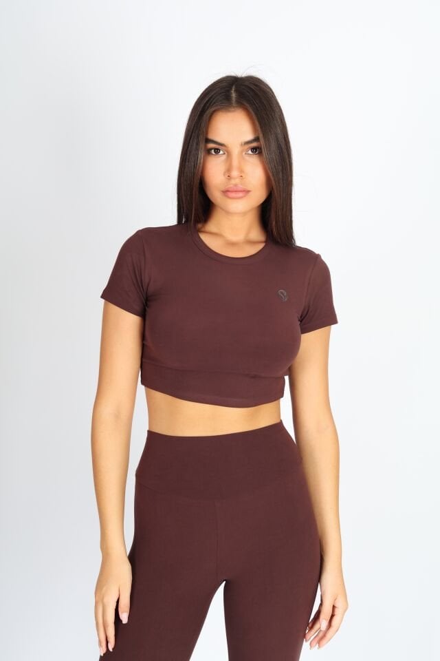Crop Fit Kısa Kol Kahverengi T-shirt