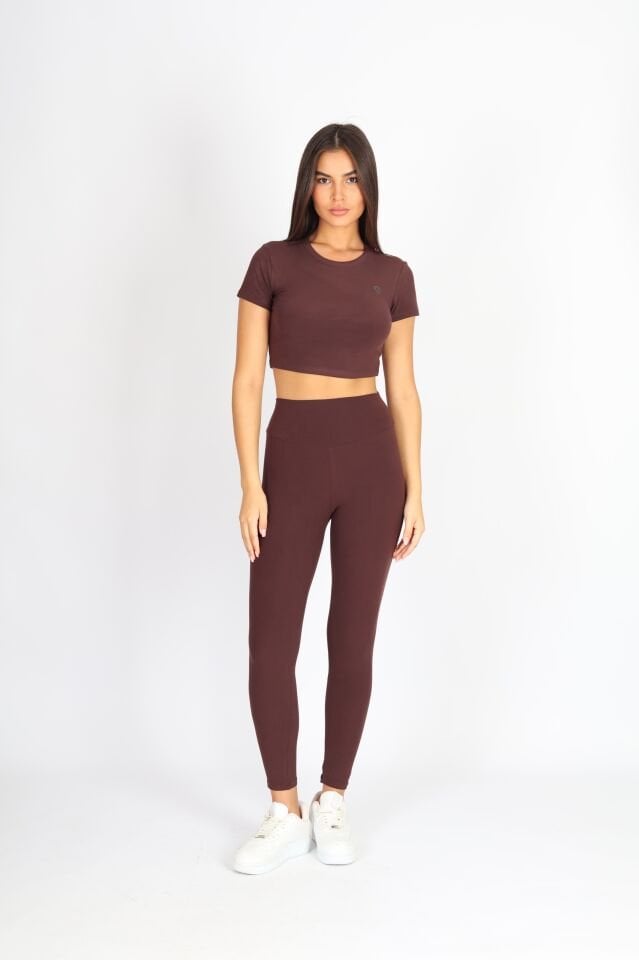 Crop Fit Kısa Kol Kahverengi T-shirt