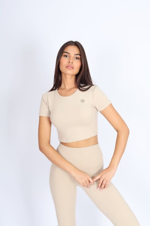 Crop Fit Kısa Kol Bej T-shirt