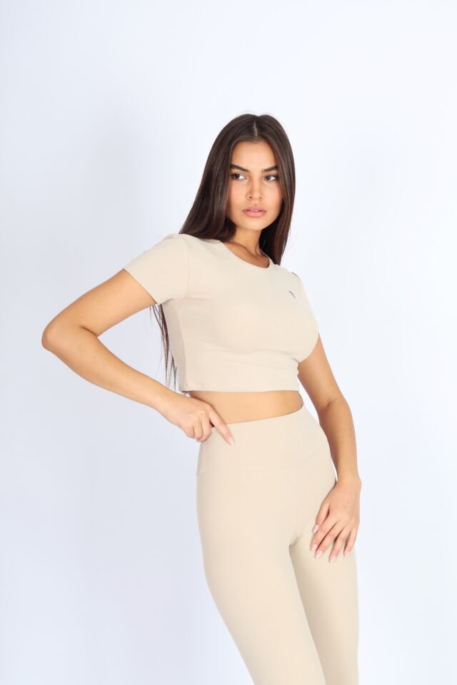 Crop Fit Kısa Kol Bej T-shirt