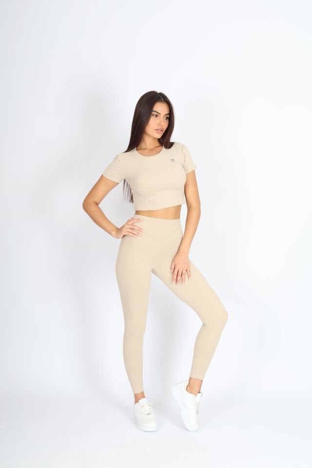 Crop Fit Kısa Kol Bej T-shirt