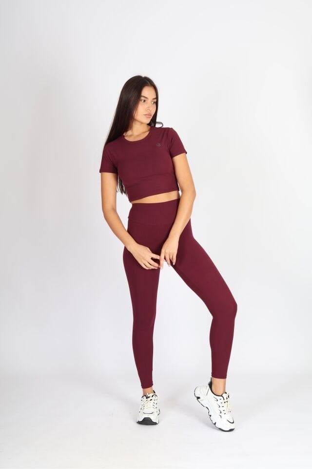 Crop Fit Kısa Kol Bordo T-shirt