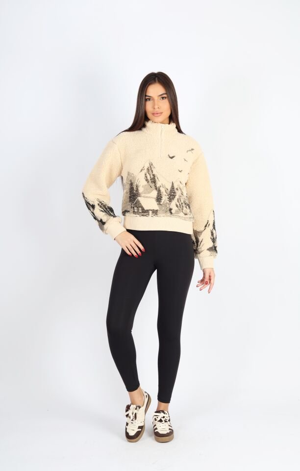 Üzeri Baskılı Fermuarlı Dik Yaka Peluş Hırka