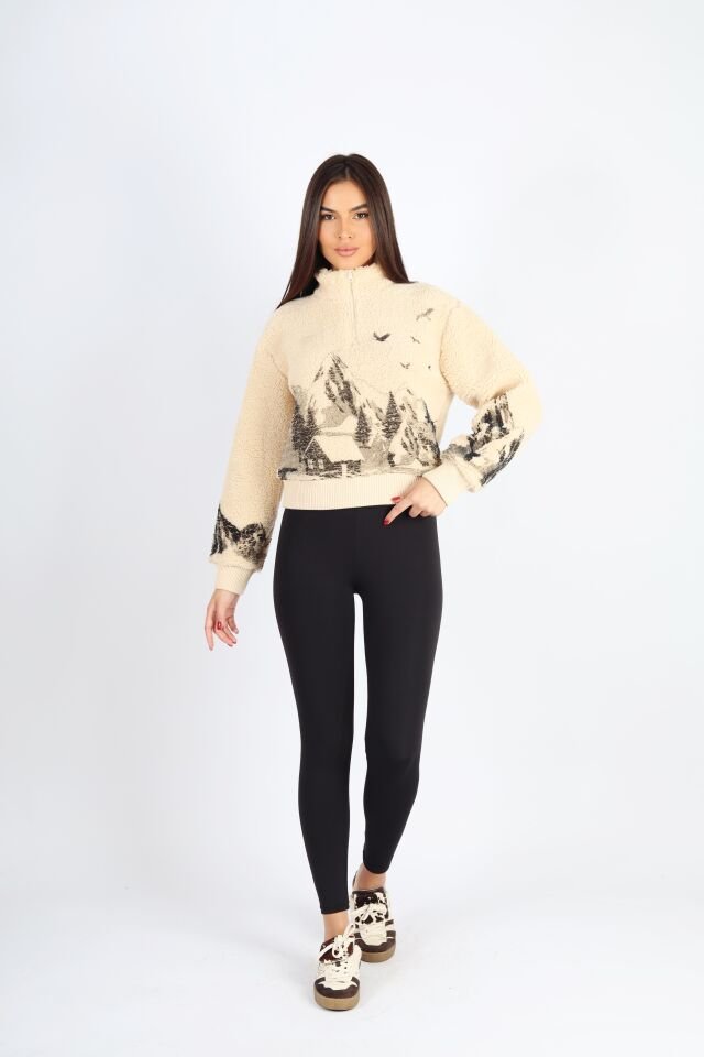 Üzeri Baskılı Fermuarlı Dik Yaka Peluş Hırka