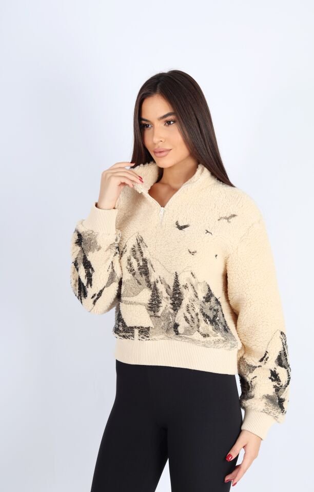 Üzeri Baskılı Fermuarlı Dik Yaka Peluş Hırka