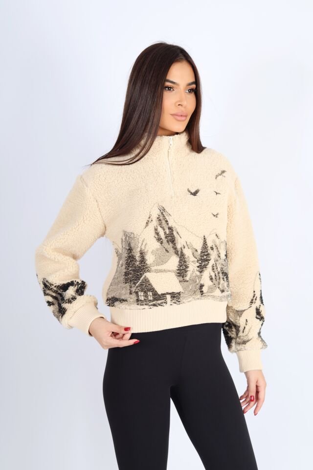 Üzeri Baskılı Fermuarlı Dik Yaka Peluş Hırka