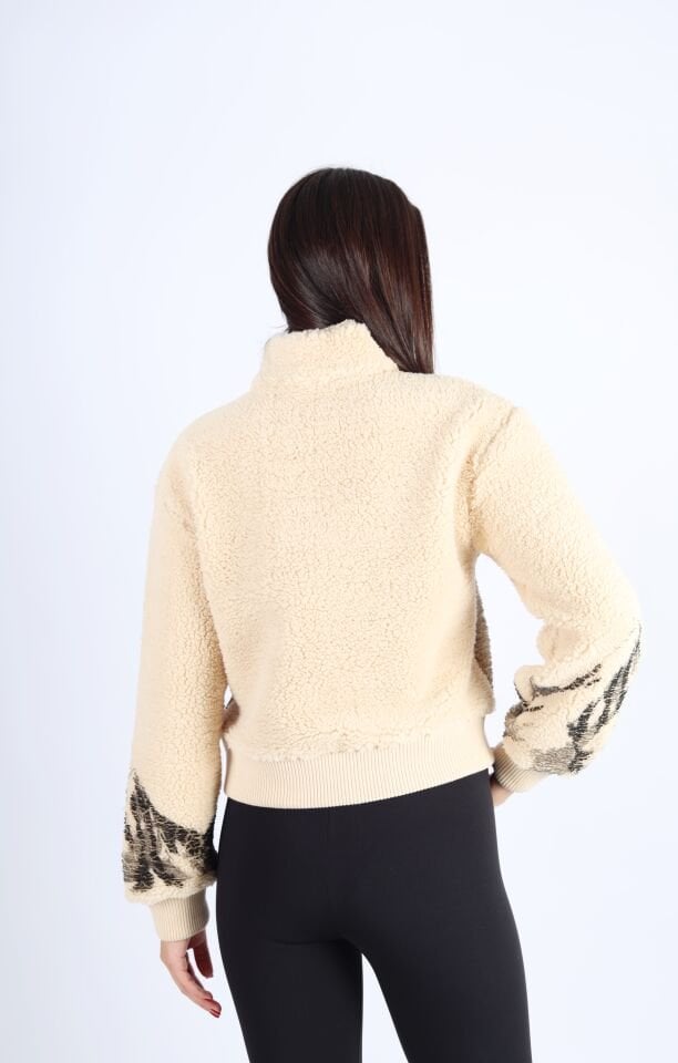 Üzeri Baskılı Fermuarlı Dik Yaka Peluş Hırka