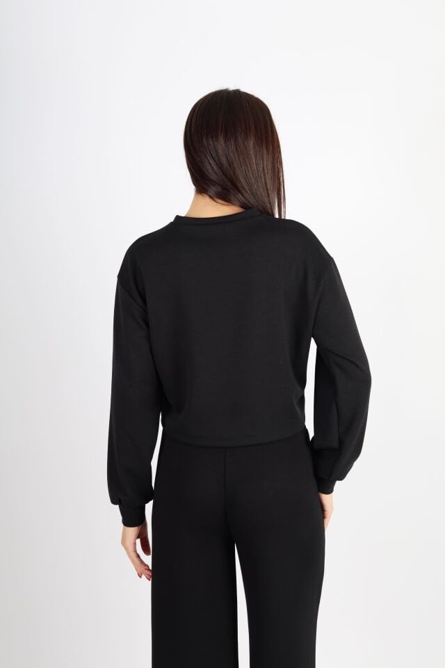 Bisiklet Yaka Crop Fit Siyah Modal Sweat