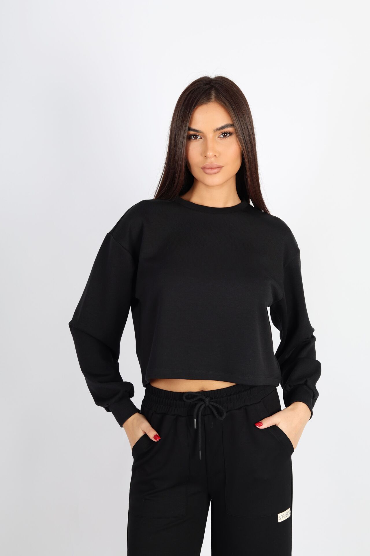 Bisiklet Yaka Crop Fit Siyah Modal Sweat