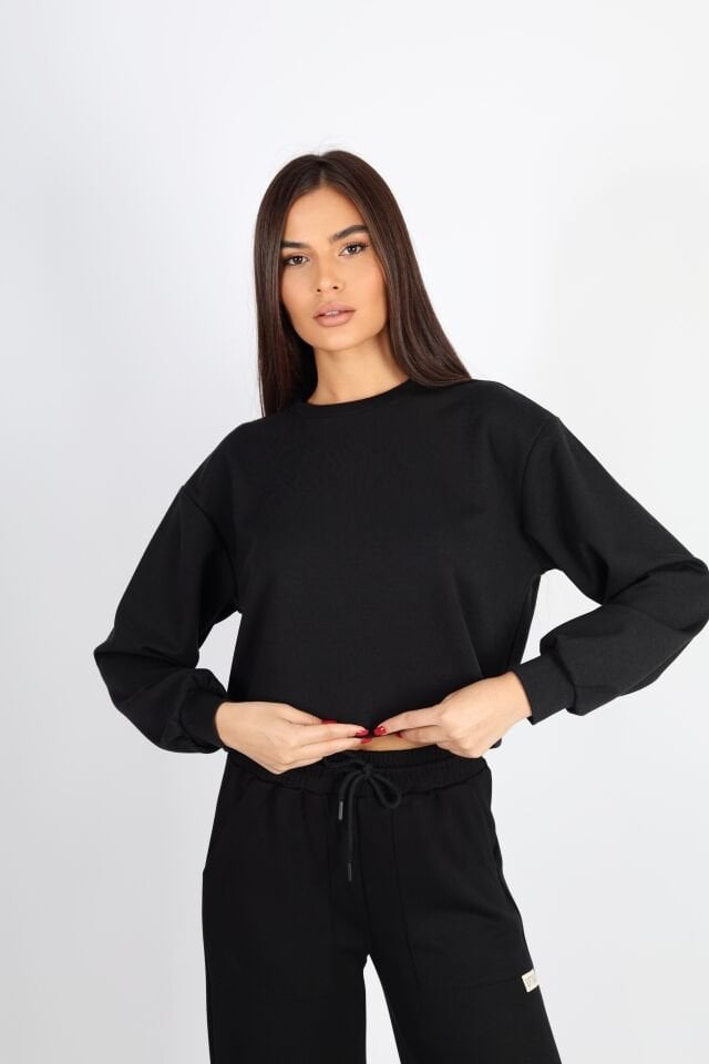 Bisiklet Yaka Crop Fit Siyah Modal Sweat