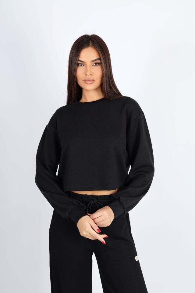 Bisiklet Yaka Crop Fit Siyah Modal Sweat