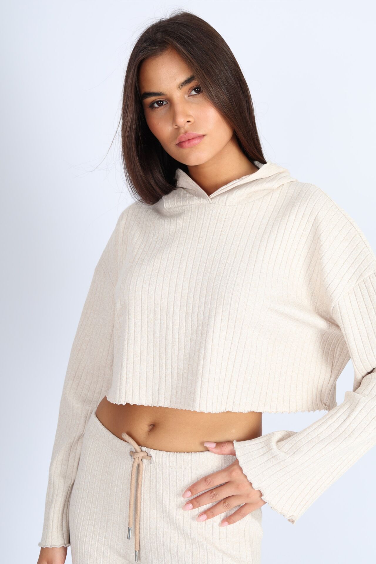 Kapüşonlu Punta Kaşkorse Raporlu Bej Sweatshirt