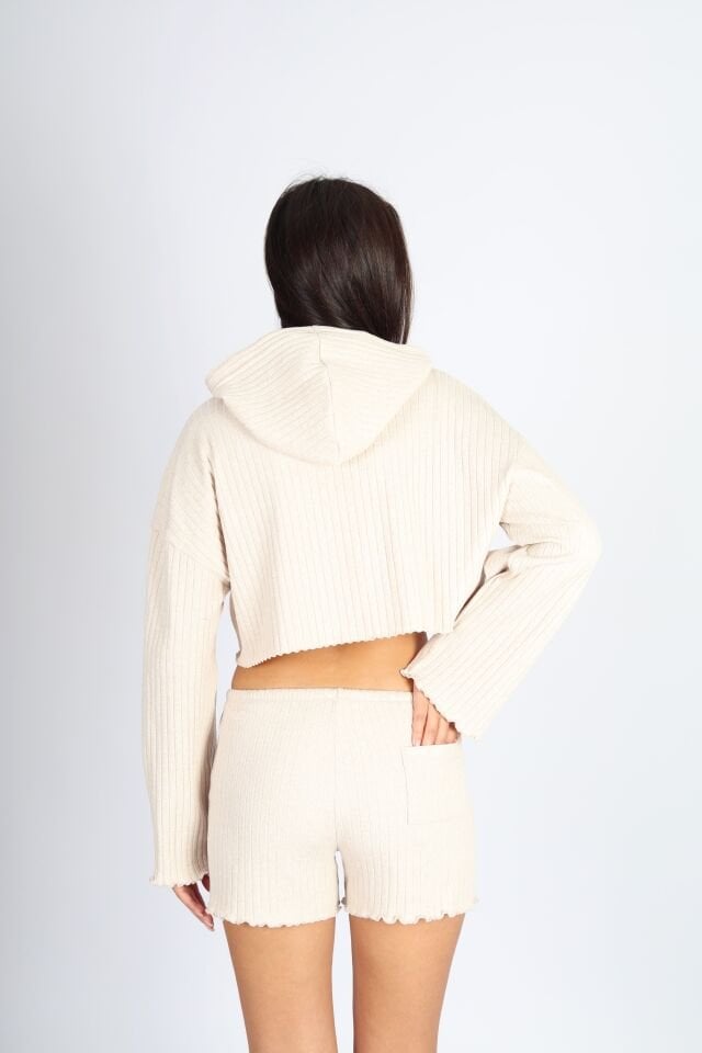 Kapüşonlu Punta Kaşkorse Raporlu Bej Sweatshirt