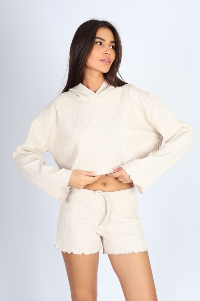 Kapüşonlu Punta Kaşkorse Raporlu Bej Sweatshirt