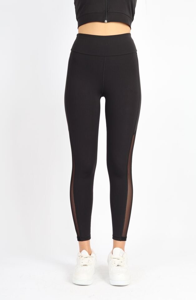 Polyester Paçası Tül Detaylı Yüksek Bel Tayt