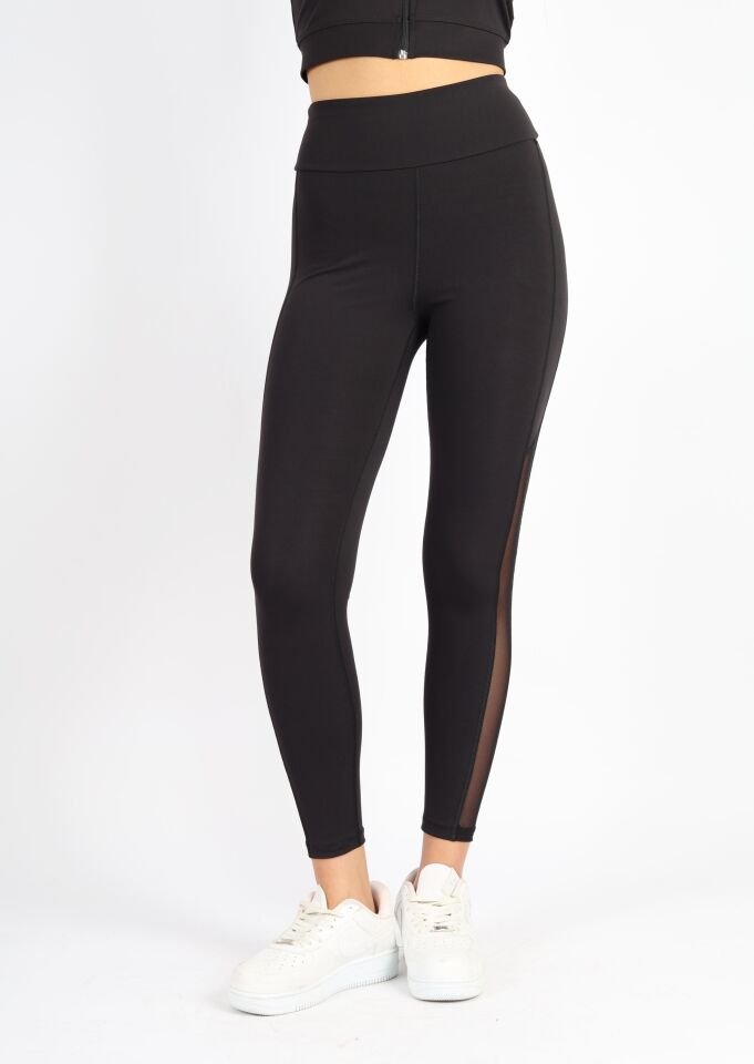 Polyester Paçası Tül Detaylı Yüksek Bel Tayt