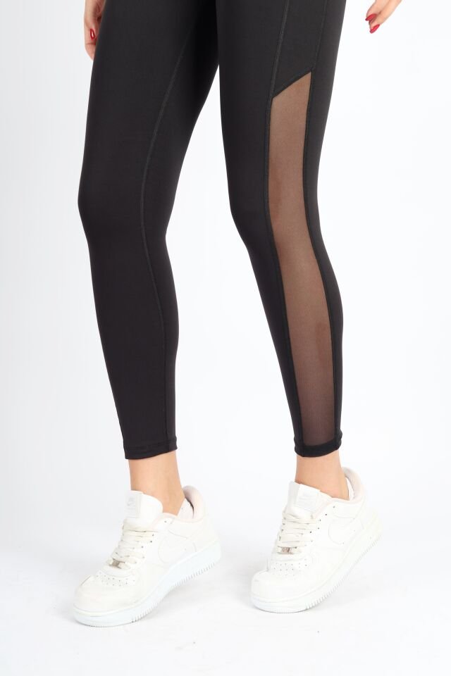 Polyester Paçası Tül Detaylı Yüksek Bel Tayt