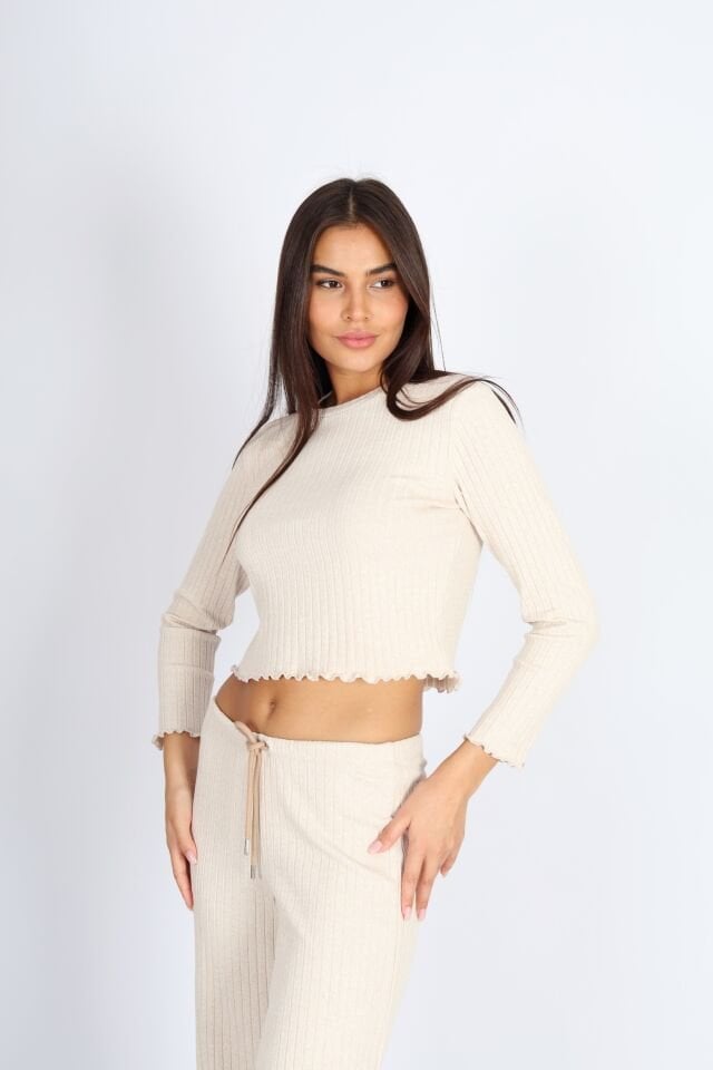 Bisiklet Yaka Punta Raporlu Bej Sweat