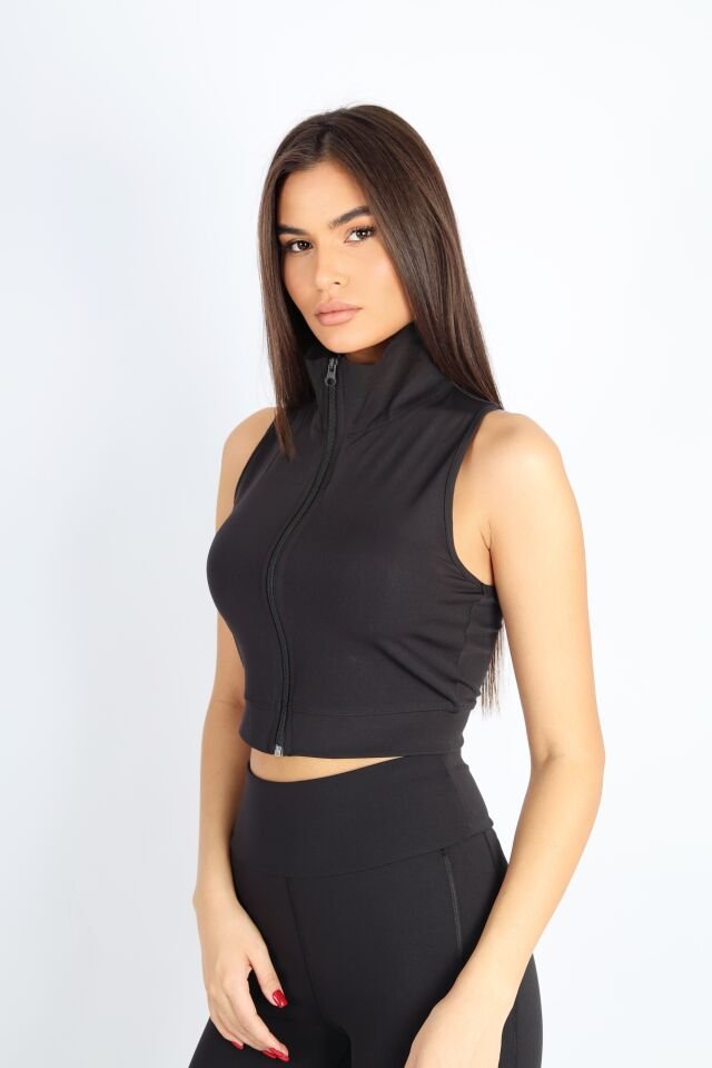 Boydan Fermuarlı Siyah Spor Bralet