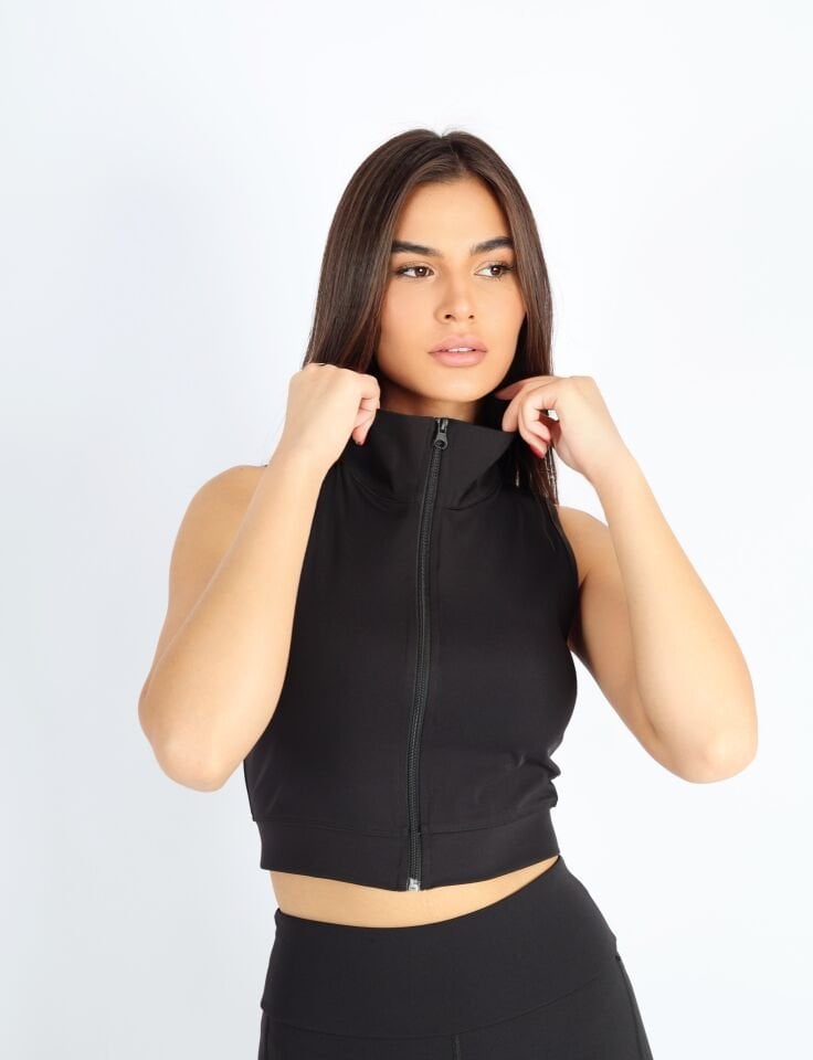 Boydan Fermuarlı Siyah Spor Bralet