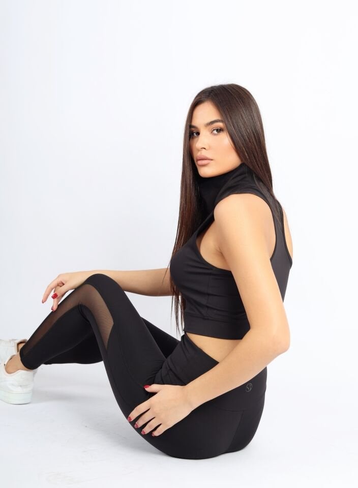 Boydan Fermuarlı Siyah Spor Bralet