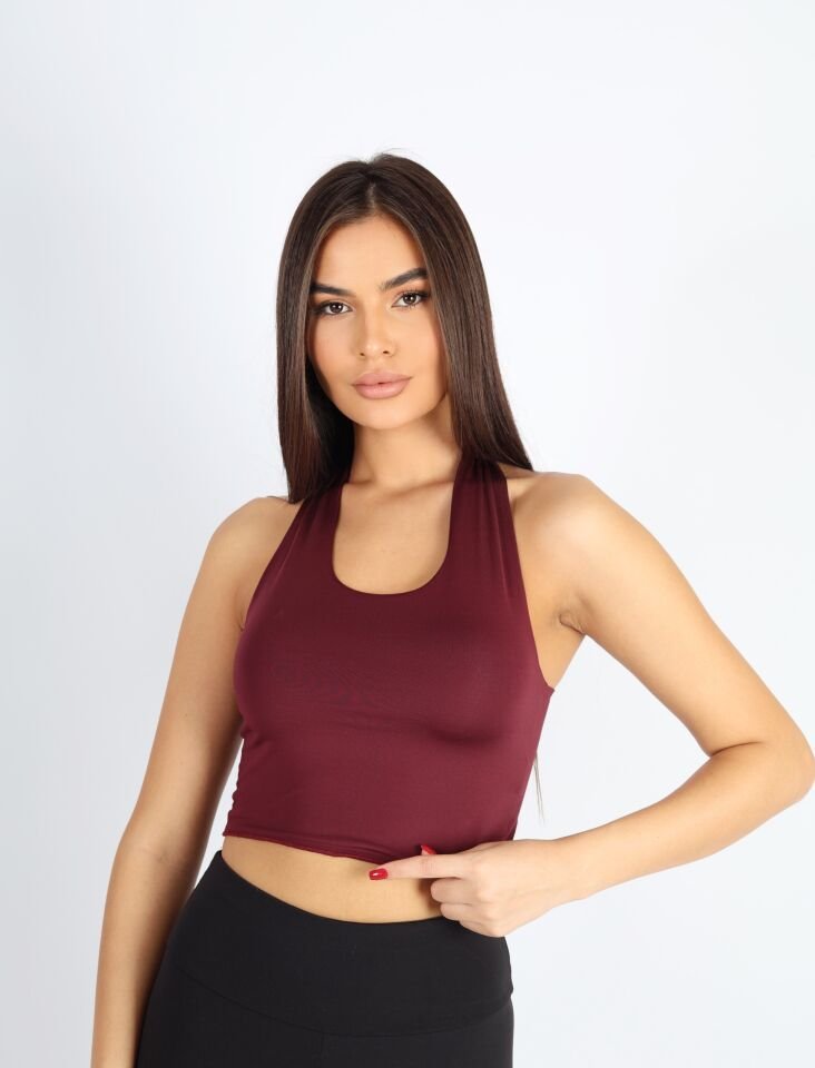 Boyundan Bağlamalı Ekru Bluz Bordo - M
