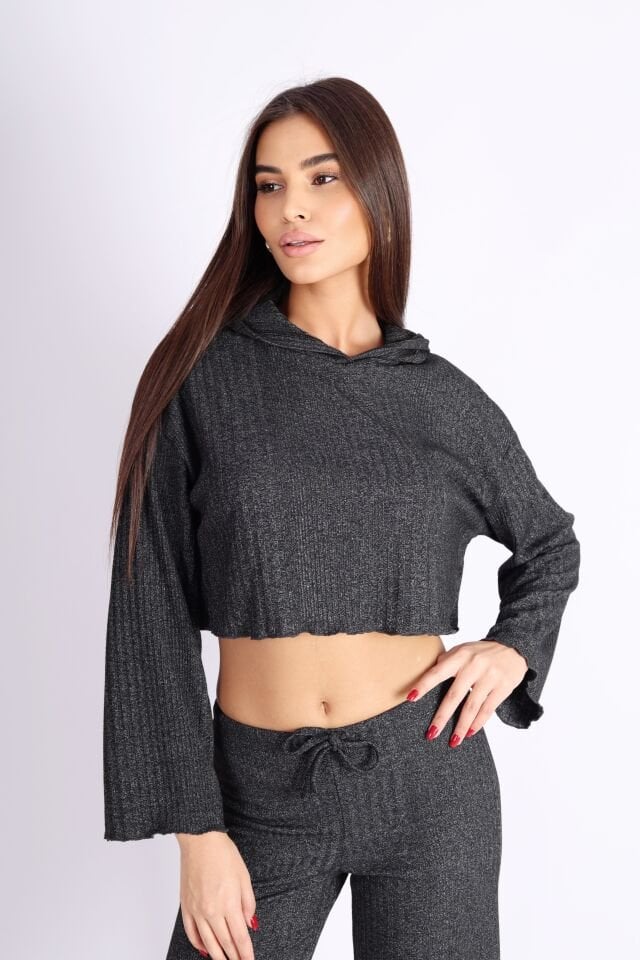 Kapüşonlu Punta Kaşkorse Raporlu Siyah Sweatshirt