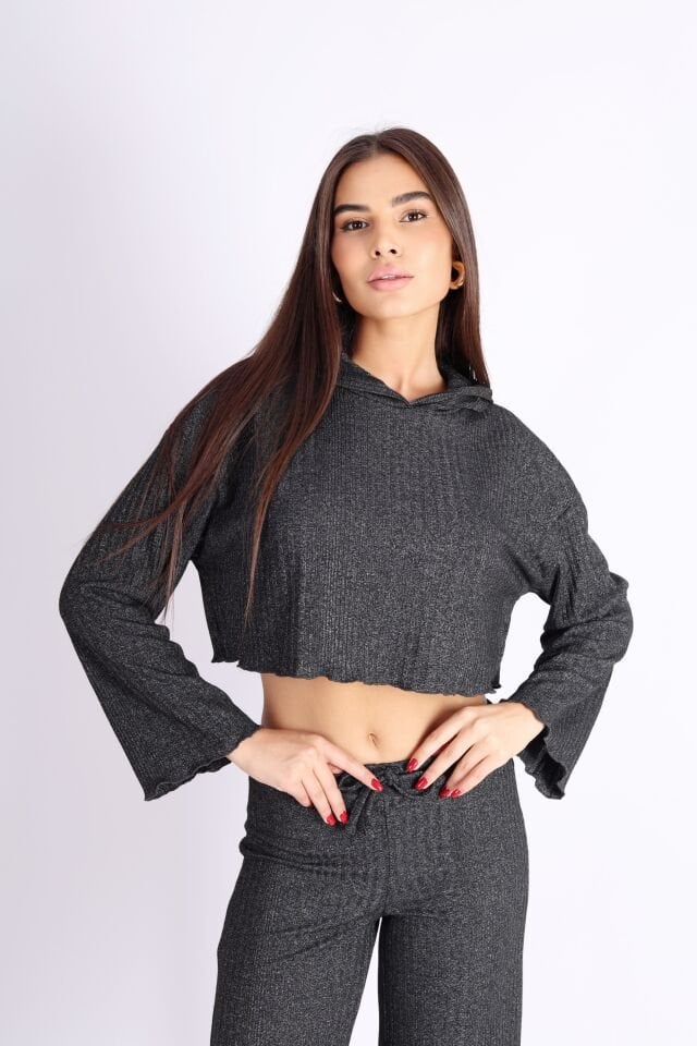 Kapüşonlu Punta Kaşkorse Raporlu Siyah Sweatshirt