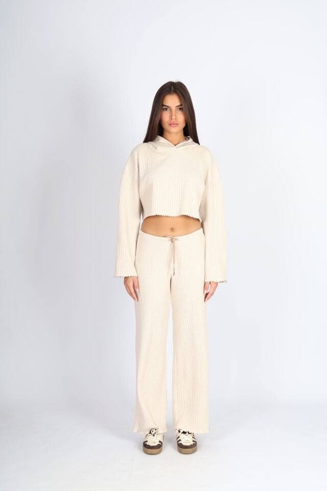 Kapüşonlu Punta Kaşkorse Raporlu Siyah Sweatshirt Bej - S
