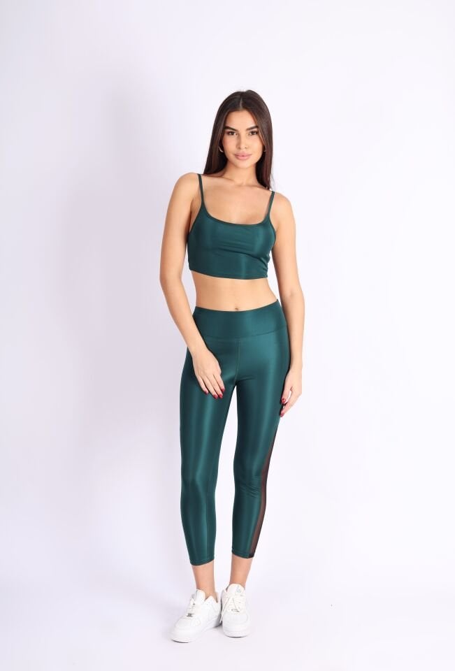 Polyester Paçası Tül Detaylı Yüksek Bel Tayt Yeşil - XL