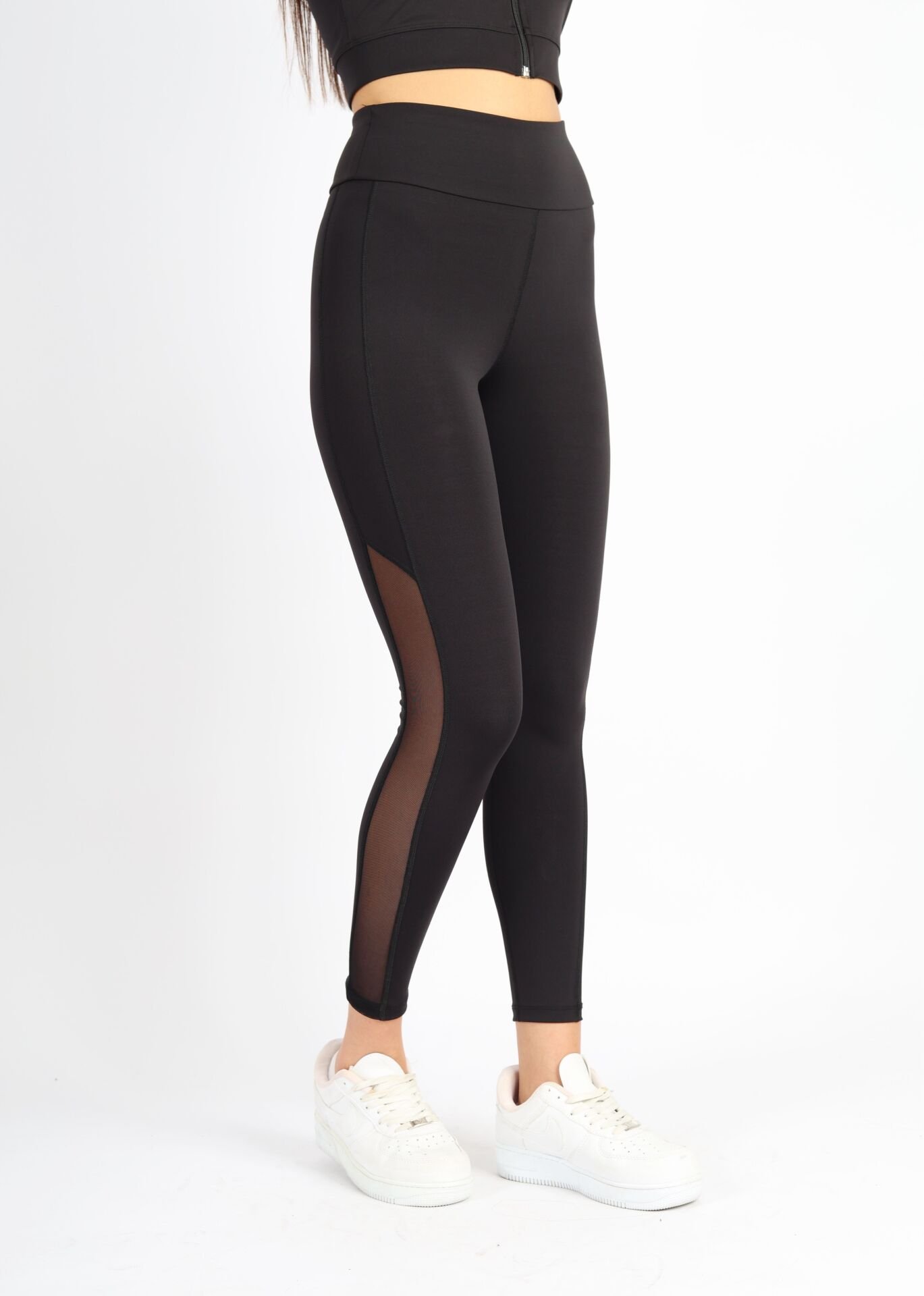 Polyester Paçası Tül Detaylı Yüksek Bel Tayt Siyah - XL