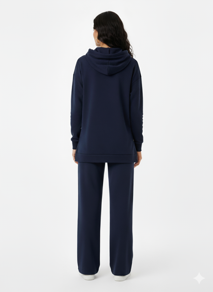 Kapüşonlu Yanları Çıt Çıt Detaylı Sweatshirt ve Nervürlü Siyah Pantolon Alt Üst Takım Lacivert - M