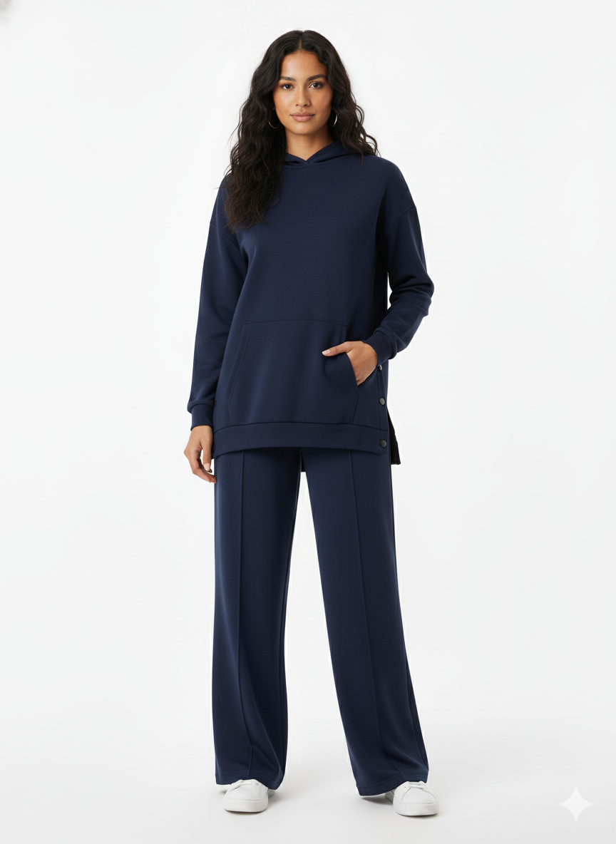 Kapüşonlu Yanları Çıt Çıt Detaylı Sweatshirt ve Nervürlü Siyah Pantolon Alt Üst Takım Lacivert - XL