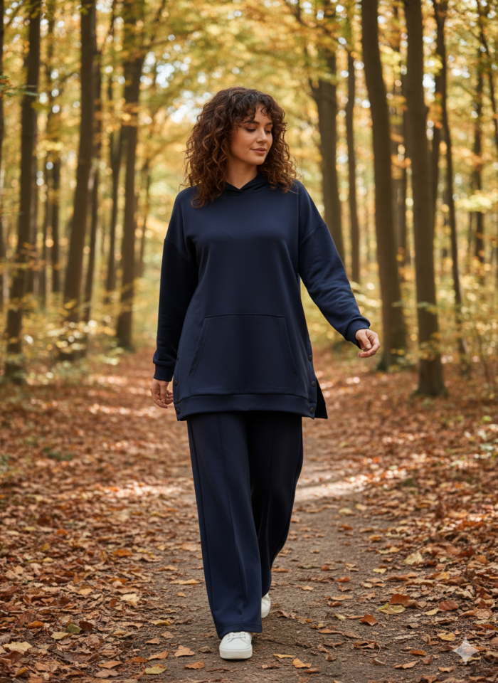 Kapüşonlu Yanları Çıt Çıt Detaylı Sweatshirt ve Nervürlü Siyah Pantolon Alt Üst Takım Lacivert - XL