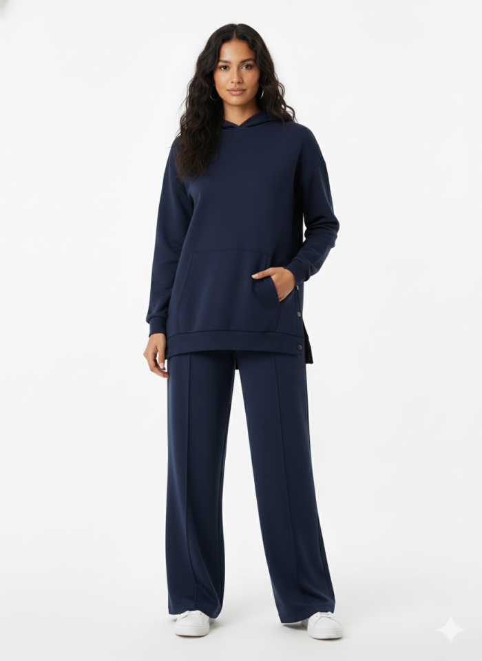 Kapüşonlu Yanları Çıt Çıt Detaylı Sweatshirt ve Nervürlü Lacivert Pantolon Alt Üst Takım