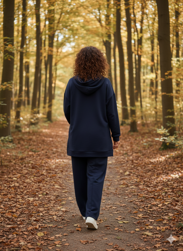 Kapüşonlu Yanları Çıt Çıt Detaylı Sweatshirt ve Nervürlü Lacivert Pantolon Alt Üst Takım
