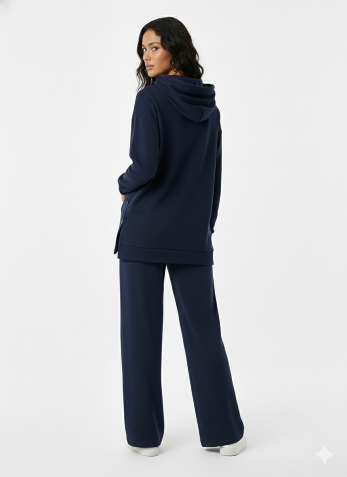 Kapüşonlu Yanları Çıt Çıt Detaylı Sweatshirt ve Nervürlü Lacivert Pantolon Alt Üst Takım