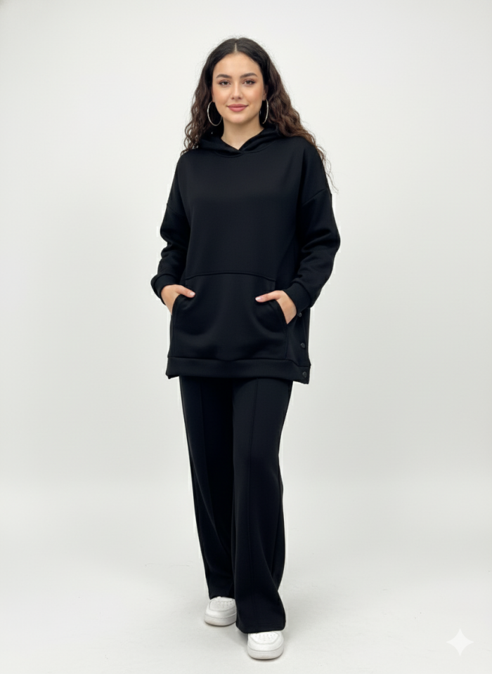 Kapüşonlu Yanları Çıt Çıt Detaylı Sweatshirt ve Nervürlü Lacivert Pantolon Alt Üst Takım Siyah - M